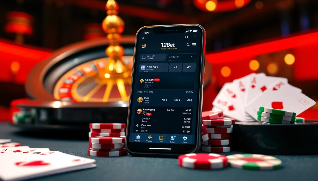 Exciting mobile gambling experience with link 12bet displayed on a vibrant casino-themed interface.