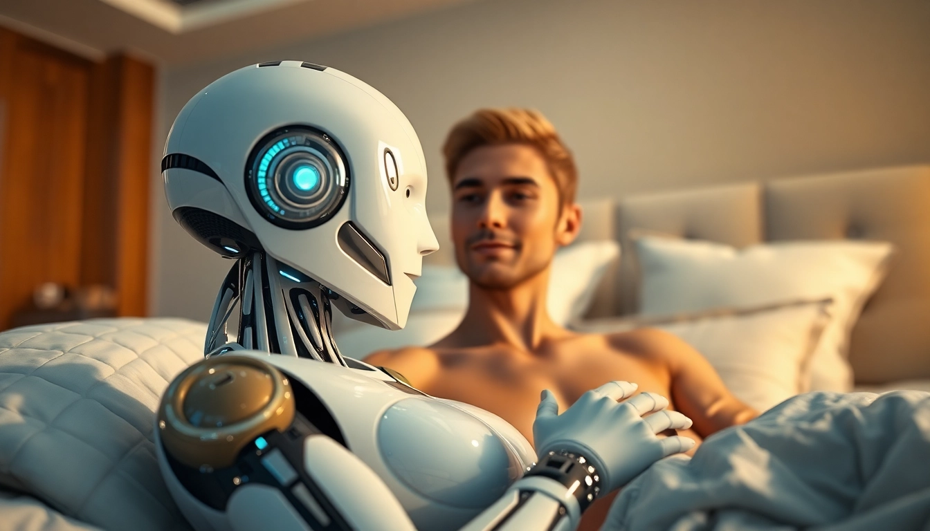 AI sex bot interacting in a modern, intimate bedroom setting.