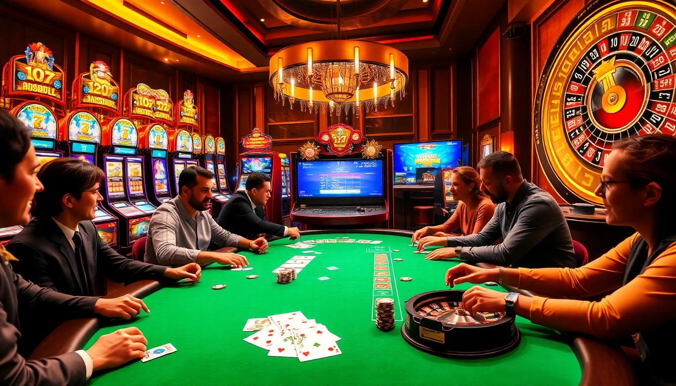 Exciting casino atmosphere at https://luckywin.vin/ featuring poker and slot machines.