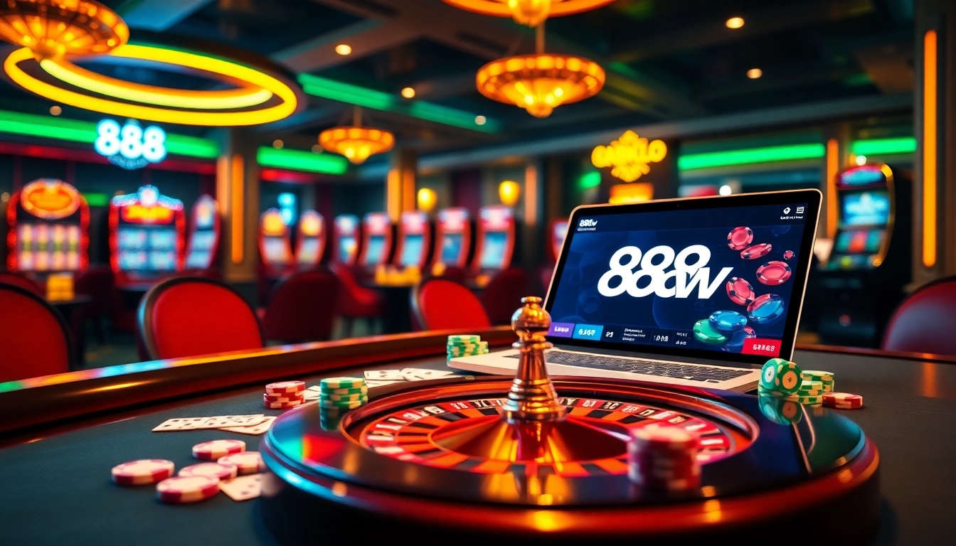 Visual representation of Hướng Dẫn 888new featuring an exciting casino scene with poker chips and online gaming elements.