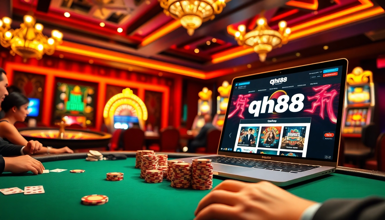 High-stakes poker game at qh88 casino showcasing vibrant chips and eager players.