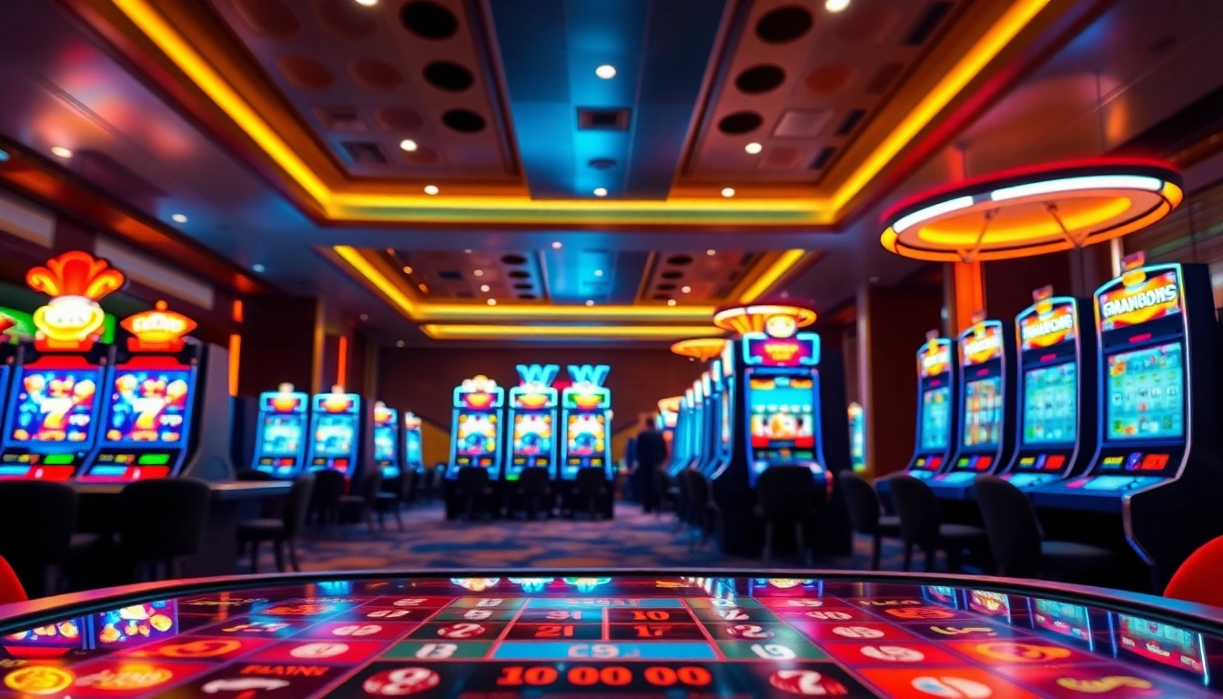 Jouer au casino en ligne avec des machines à sous modernes et une table de jeux dans une ambiance élégante.