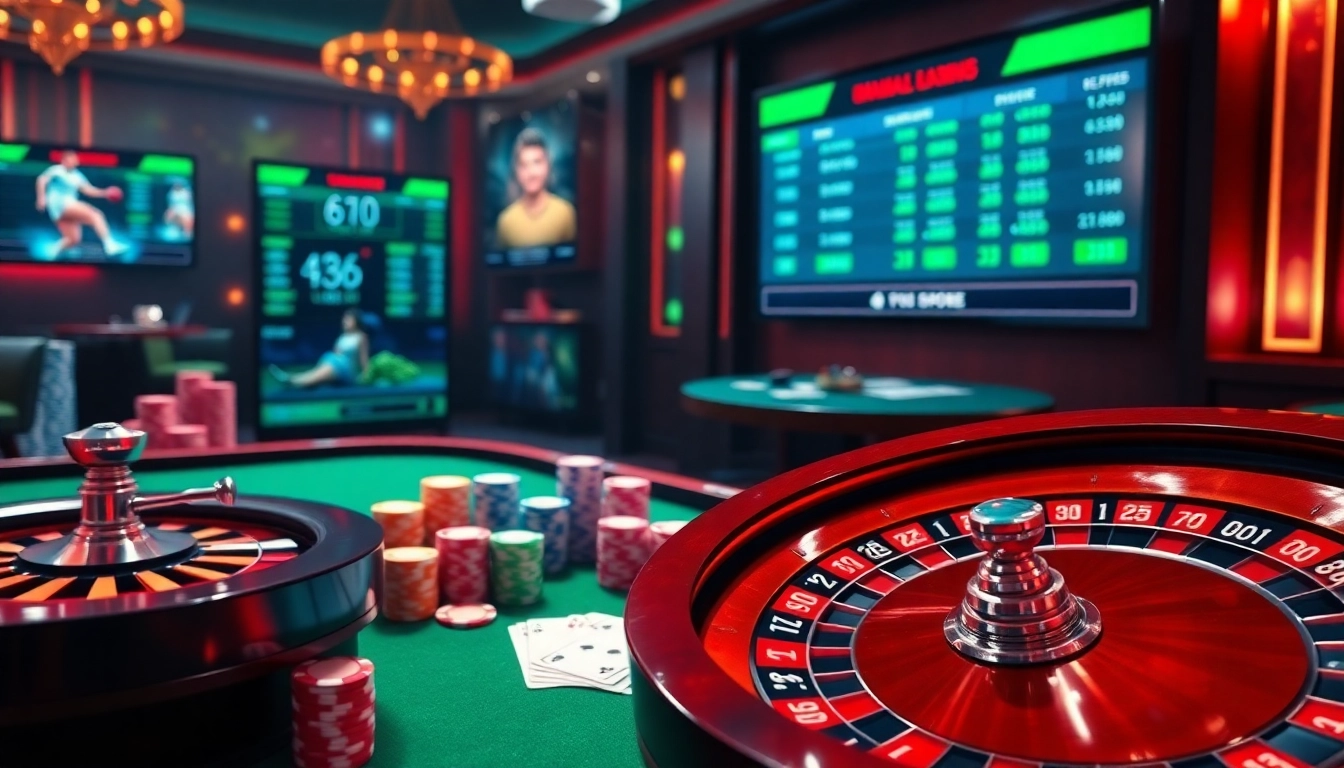 Visualize an exhilarating casino scene showcasing site paris sportif retrait instantané elements, with roulette, poker chips, and sports betting interfaces.