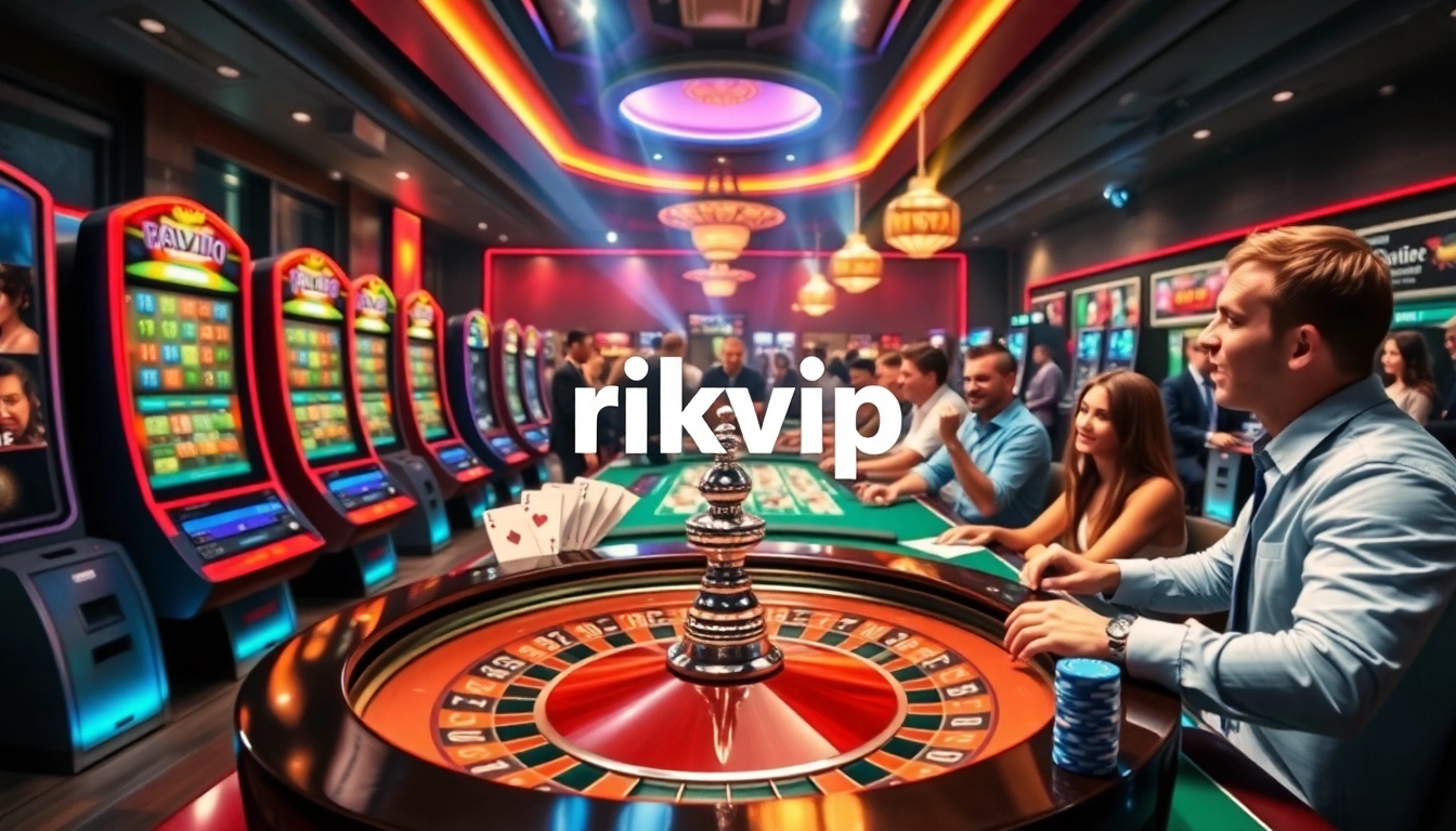 rikvip online gambling scene with digital tables, vibrant slot machines, and excited players.