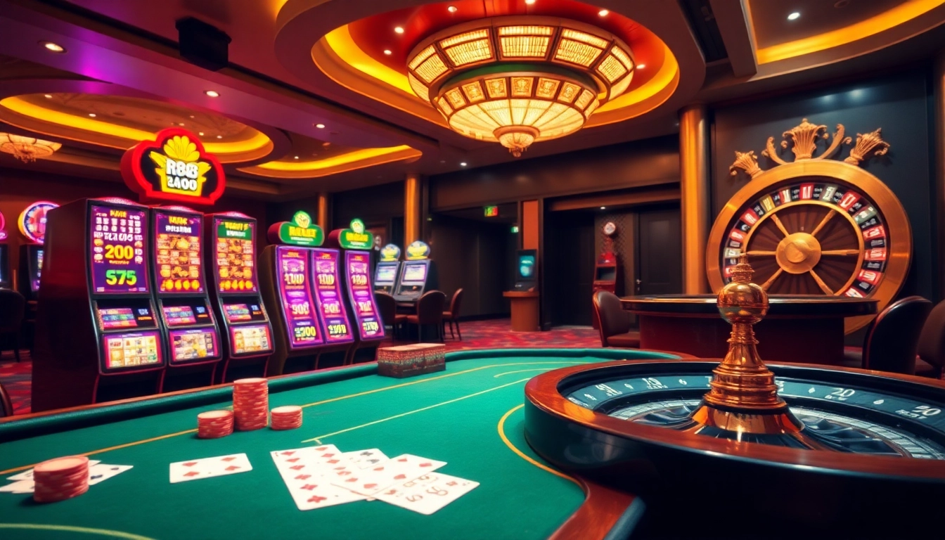 RR88 online casino scene showcasing a vibrant poker table, slot machines, and roulette wheel in a luxurious setting.