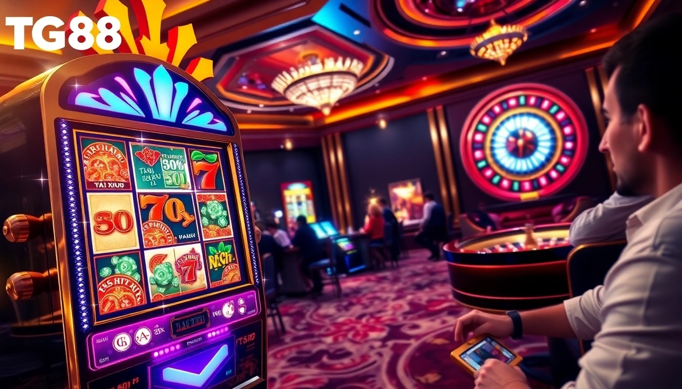 Experience the excitement at TG88 with vibrant slot machines and poker chips in play.