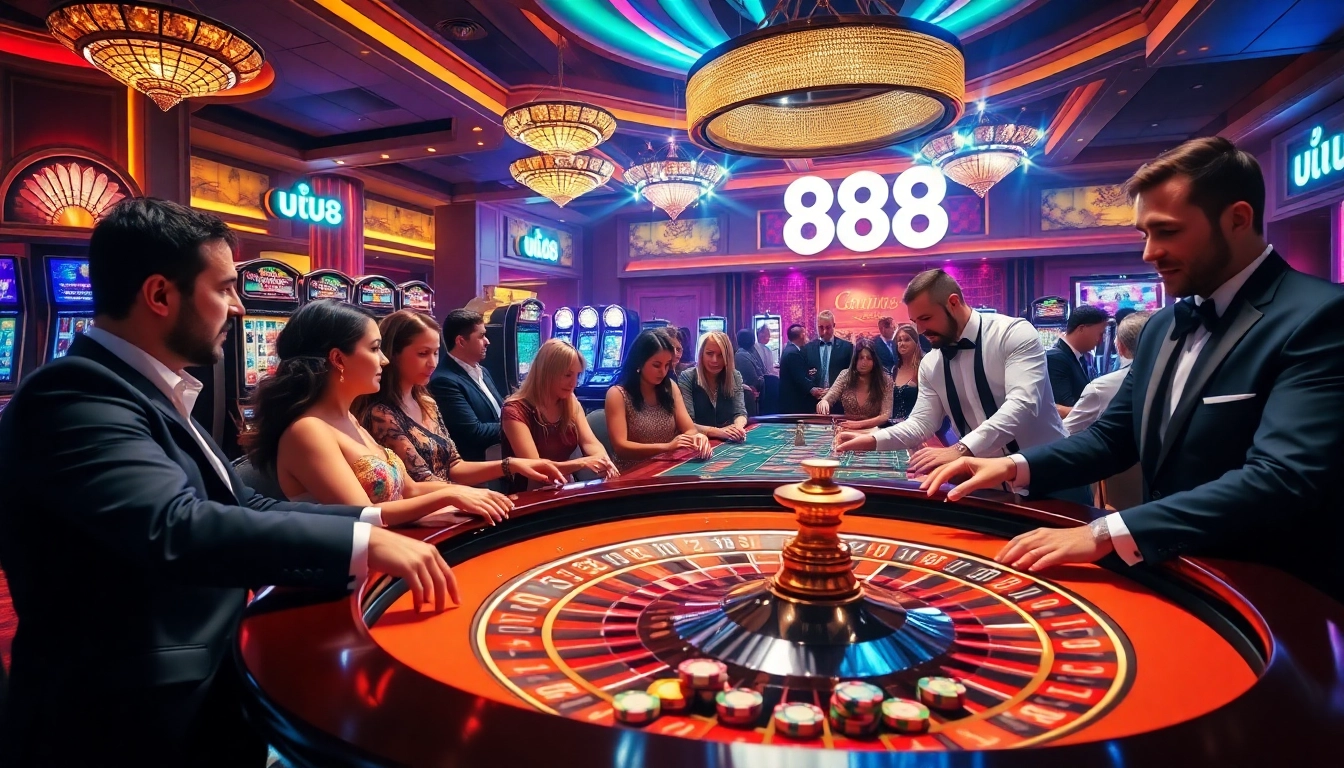 Exciting casino gameplay scene featuring u 888 slot machines, roulette, and poker action.