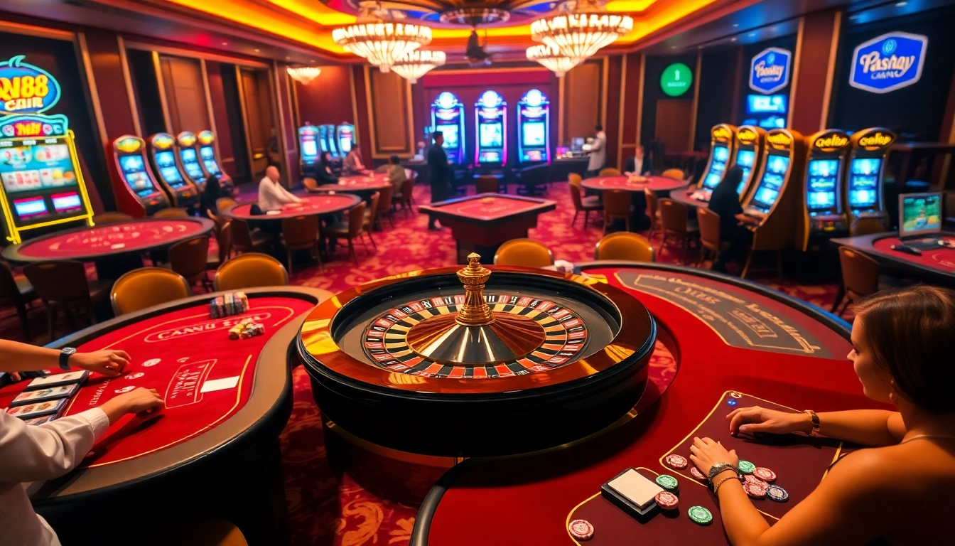 Engaging players at a QQ88 casino table, surrounded by vibrant betting chips and a roulette wheel.