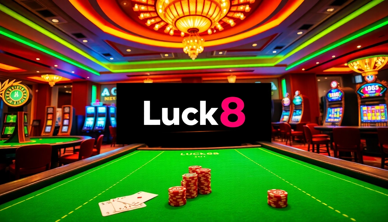 Experience thrilling gameplay at Luck8 with vibrant casino tables, poker chips, and exciting slot machines.