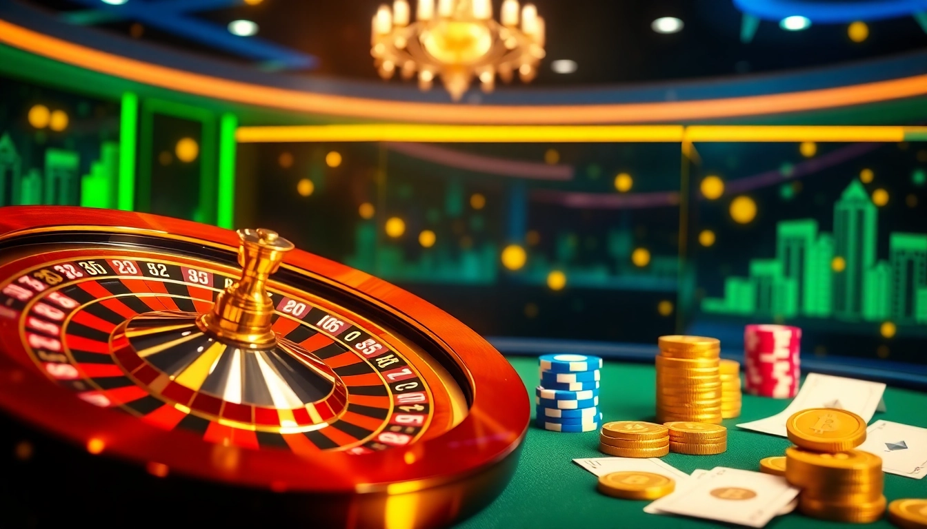 Configuration de casino en ligne virtuel palpitante avec roue de roulette et jetons de poker.