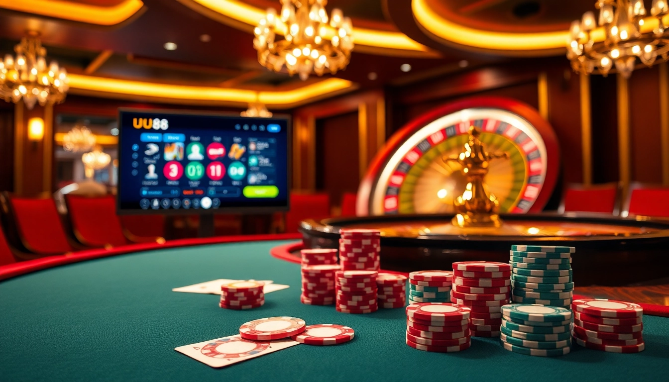 Experience the excitement of UU88 with vibrant casino visuals featuring poker and roulette.