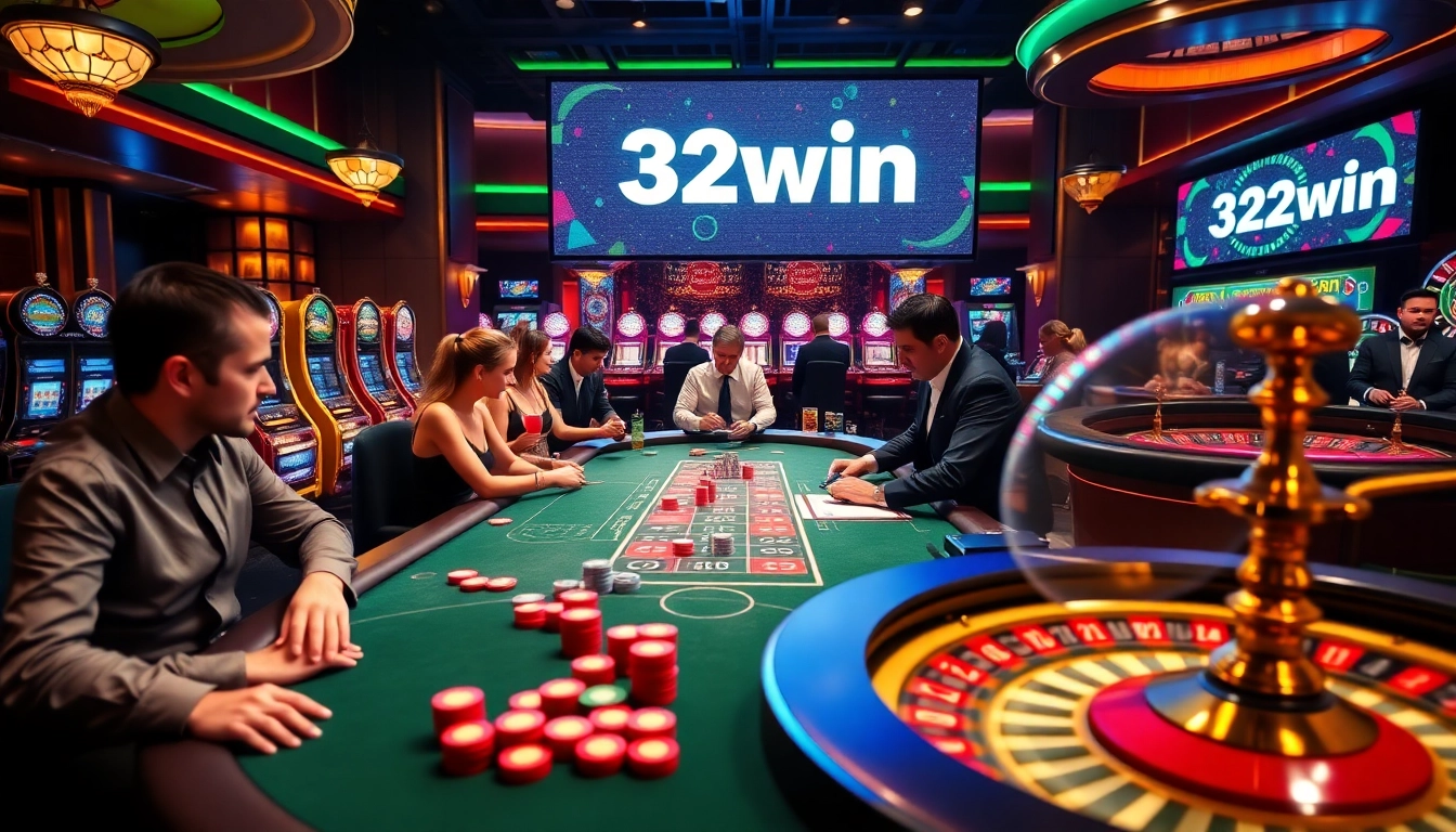 High-stakes poker game at a vibrant casino featuring 32win brand elements, colorful chips, and dealers.