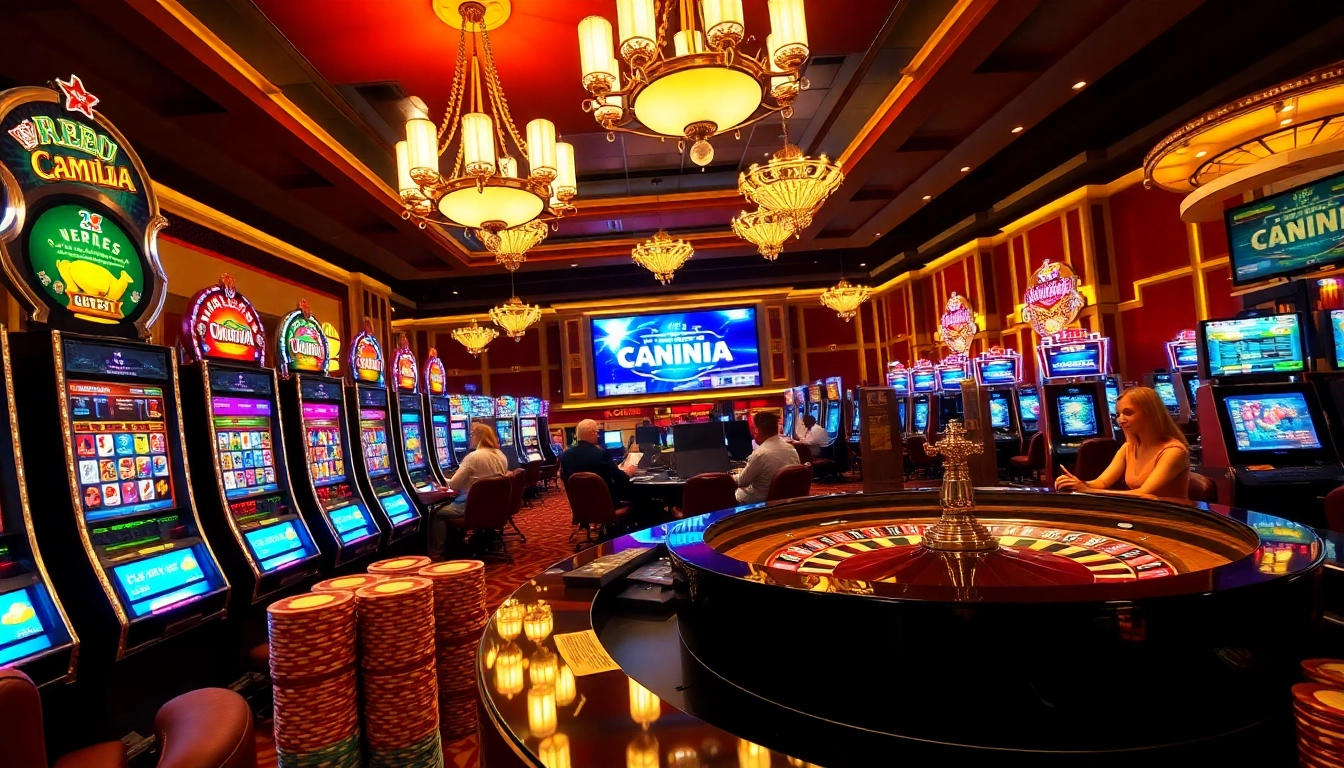 Engaging gamblers at the casino with vibrant lights at https://68vip.plus/ showcasing exciting slot machines and roulette.