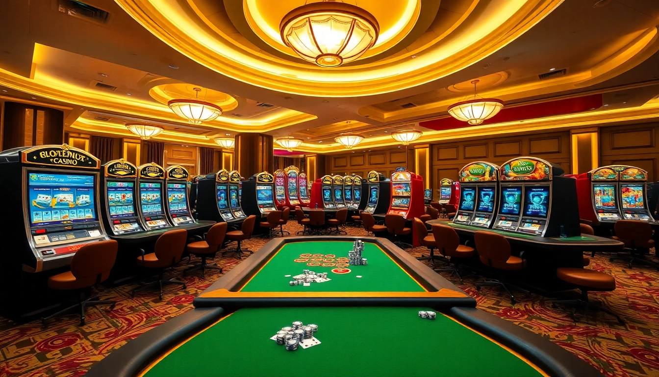 Joueurs amusant dans un casino en ligne avec des machines à sous colorées et des tables de jeux.