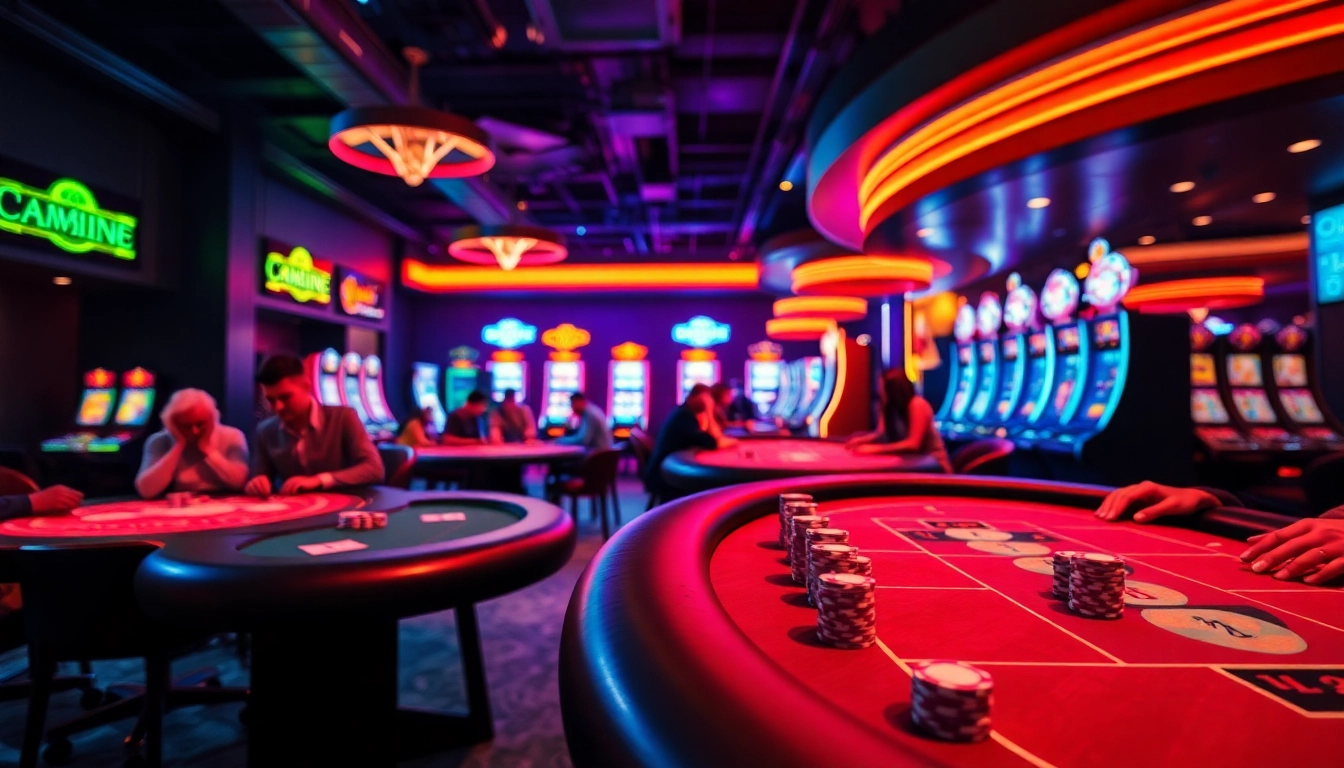 Un casino crypto moderne offrant des jeux de cartes captivants et des lumières néon.