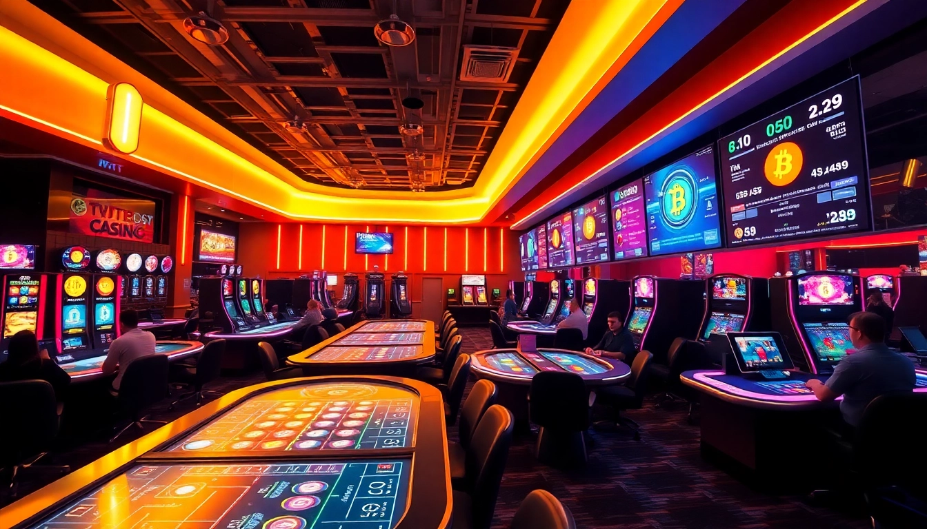 Pariez sur le crypto casino avec des joueurs engagés et des lumières vives.