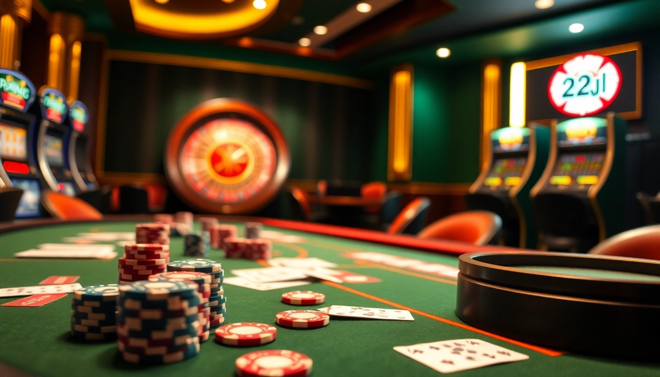 Experience high-stakes play with 22jl casino chips and roulette wheel amidst a vibrant atmosphere.