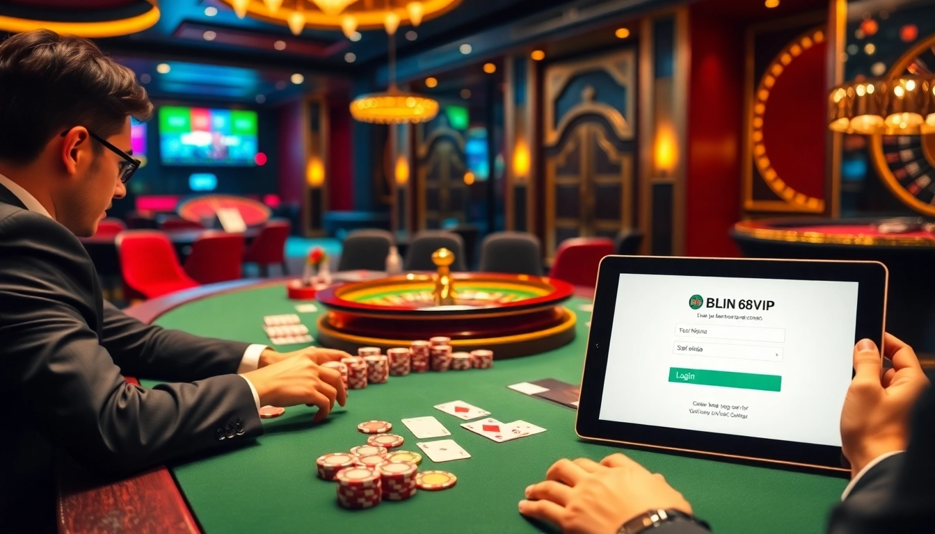 Experience Đăng Nhập Nhà Cái 68VIP at an exciting poker table with vibrant colors and gaming elements.