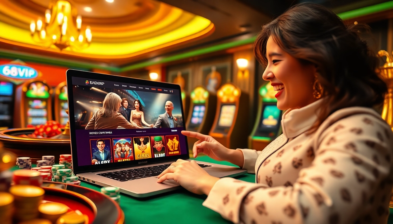 Engage with Đăng Nhập Nhà Cái 68VIP on a stylish online gambling platform featuring vibrant casino elements.