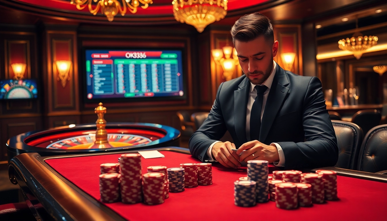 Engaging scene at a luxurious casino with OK8386 poker action and vibrant chips.