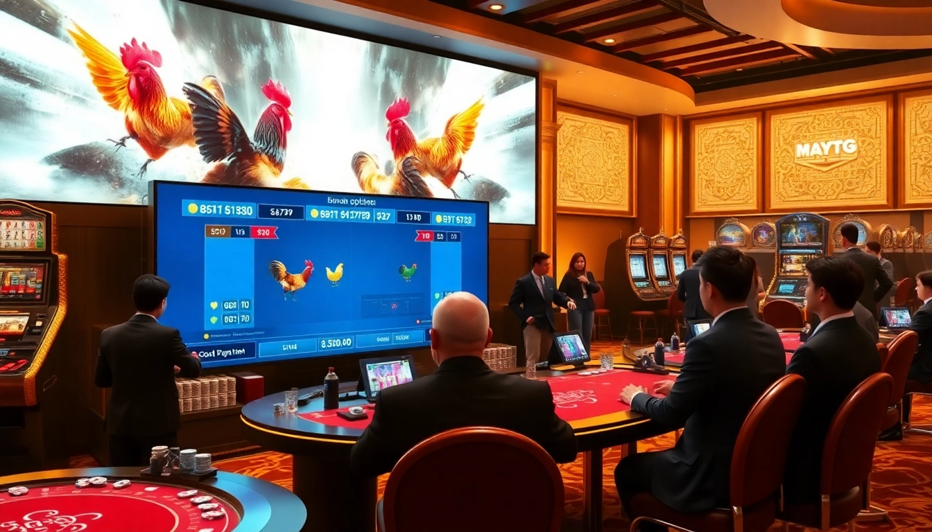 Engage in đá gà trực tiếp with a vibrant casino atmosphere showcasing live betting excitement.