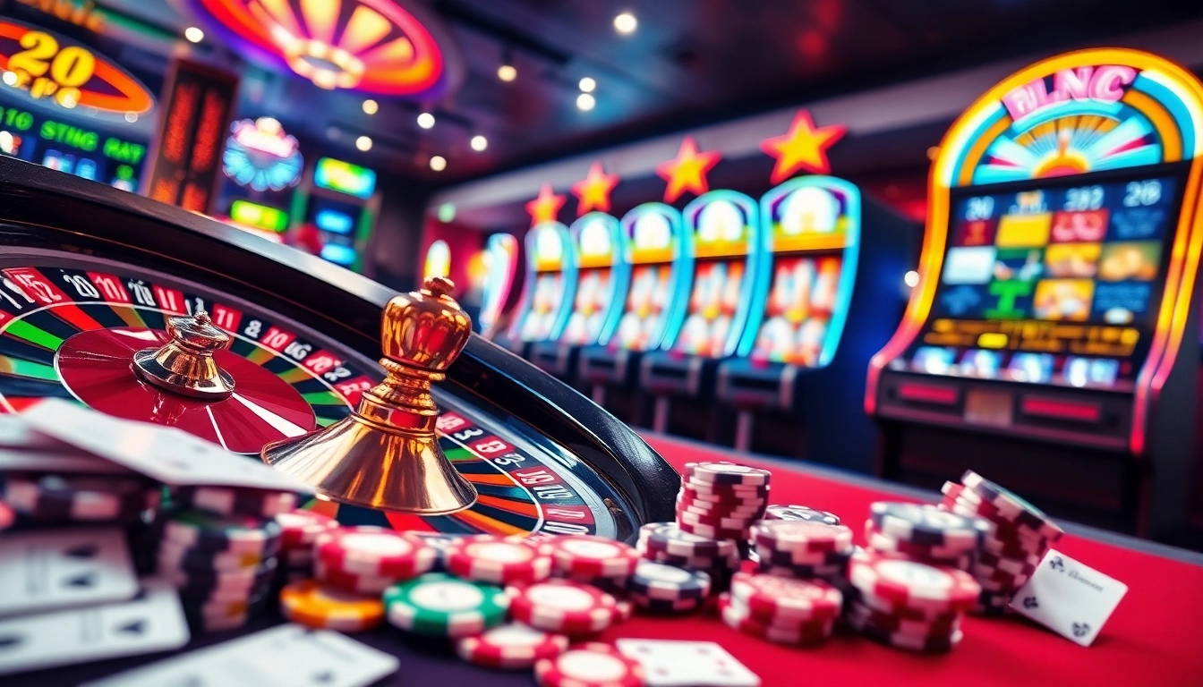 Experience thrilling online gambling action at https://f168.group/ with vibrant roulette wheels and poker chips.