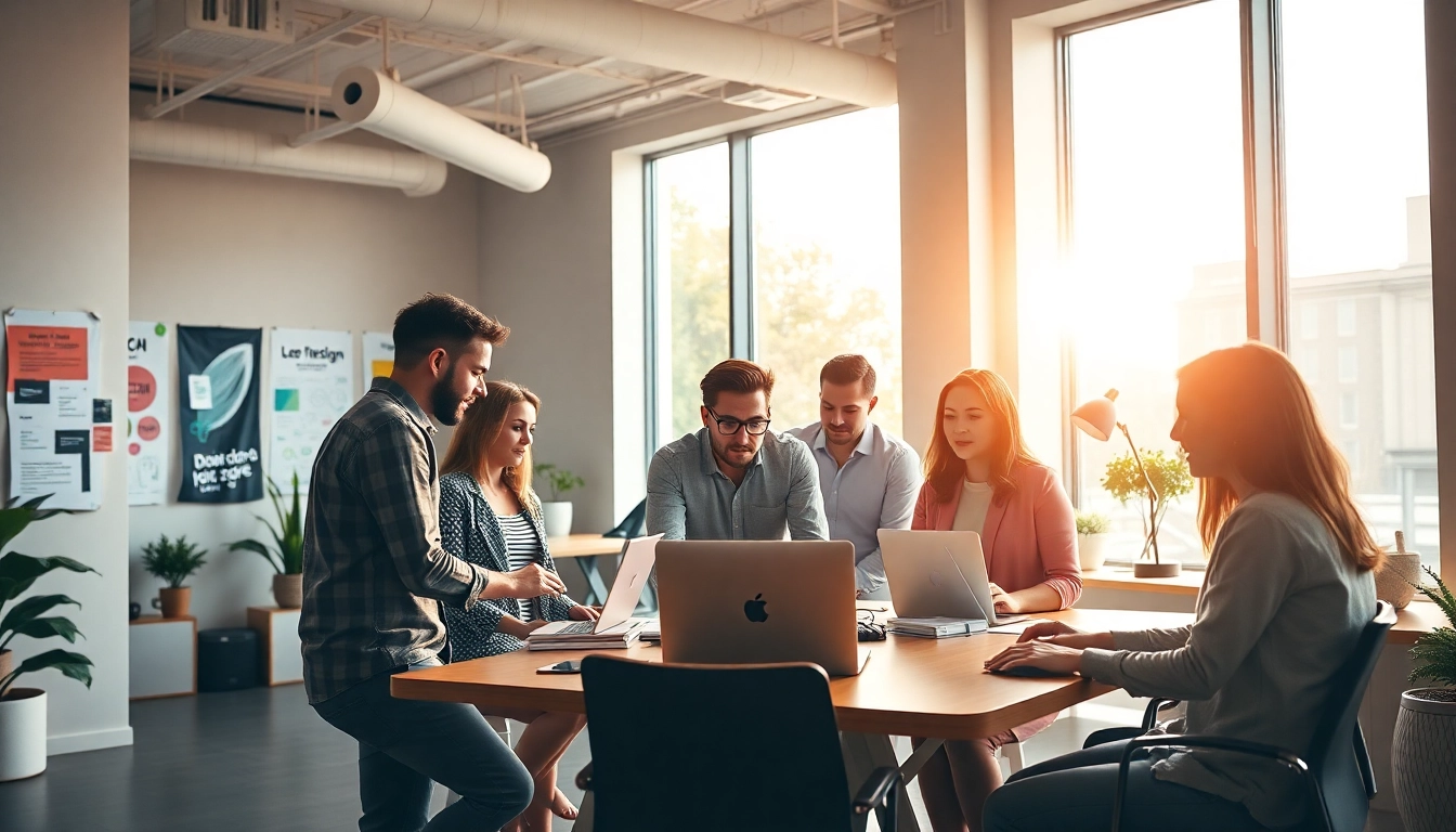 Agence de branding dynamique avec une équipe créative collaborant sur un projet.